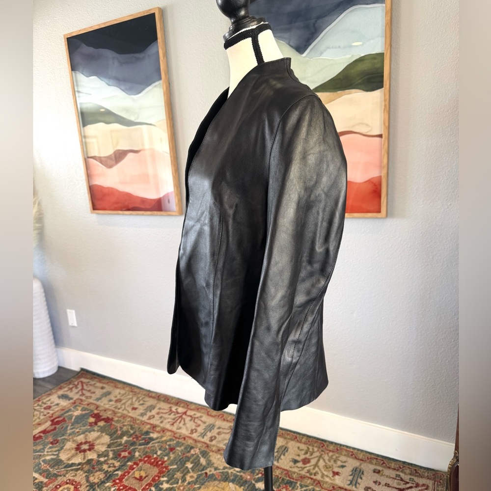Pamela Dennis Black Leather Collarless Jacket - Picture 2 of 9